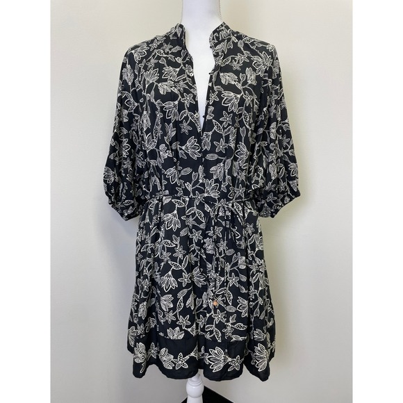 H&M Dresses & Skirts - NEW HM Black White Floral Lace Print Button Front Mini Dress L Puff Sleeve